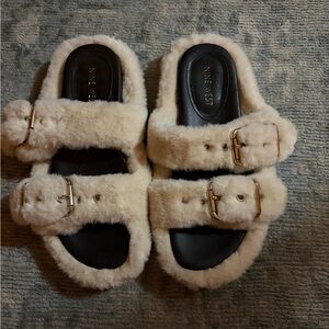 Nine West Cream Fuzzy Buckle Sandals